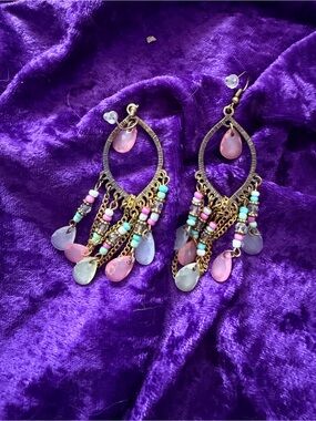 Gold-Tone Chandelier Earrings with Pink and Pastel Beads